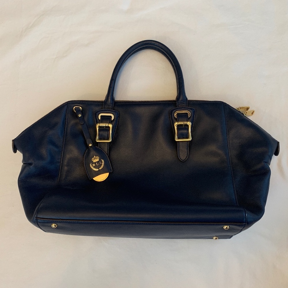 Ralph Lauren Navy Leather Satchel with Gold Hardware